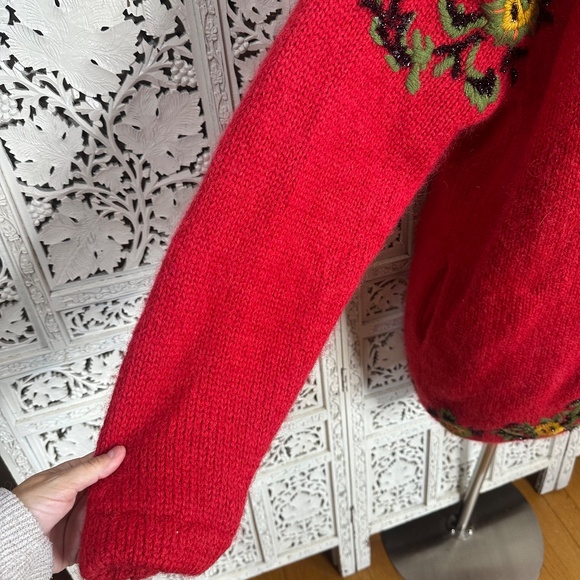 Vintage Cervelle Red Embroidered Wool Blend Chunky Oversized Longline Cardigan - Picture 4 of 8